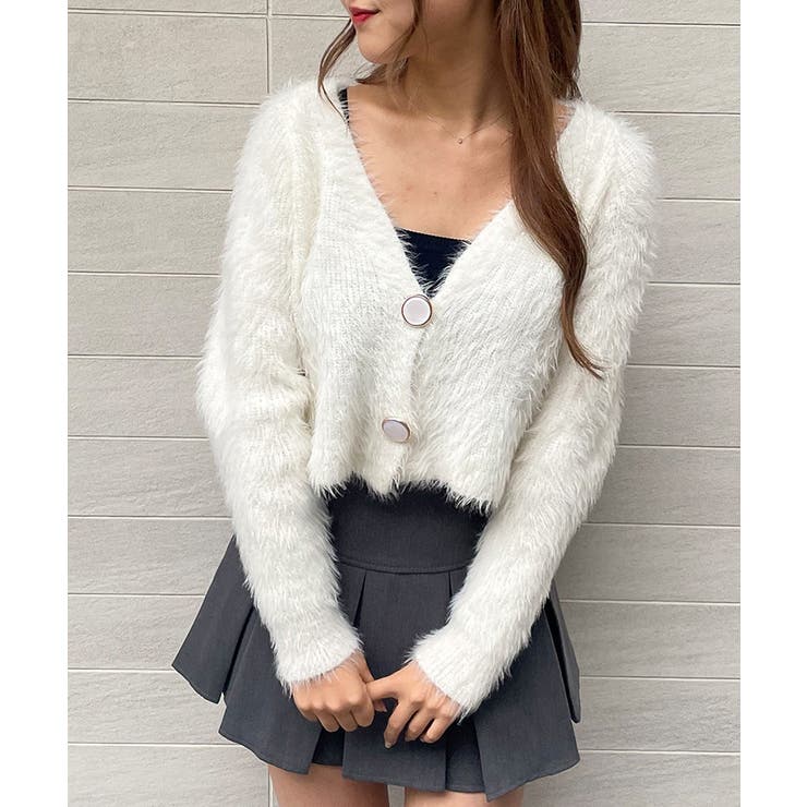 ショート丈フェザーヤーンニットカーディガン ハイウエスト スタイル