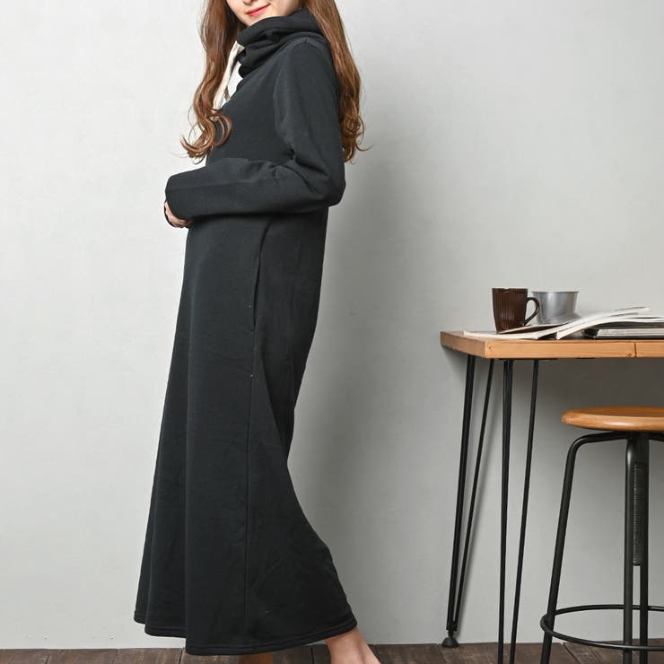 裏起毛 ハイネック マキシ丈ワンピース ルームウェア[品番