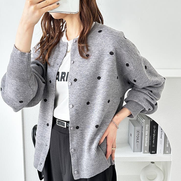 ドットジャガードクルーネックニットカーディガン[品番：GERW0010785