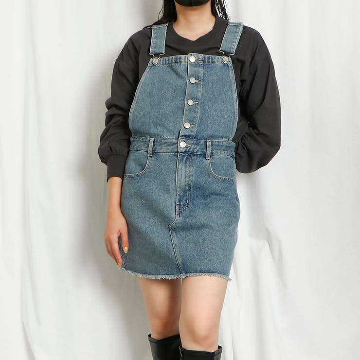 フロントボタン×切替デザイン》レディース デニムジャンパースカート