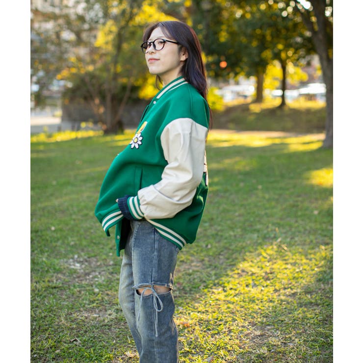 サガラ刺繍フラワー×ロゴ》レディース スタジャン カレッジ風 アウター