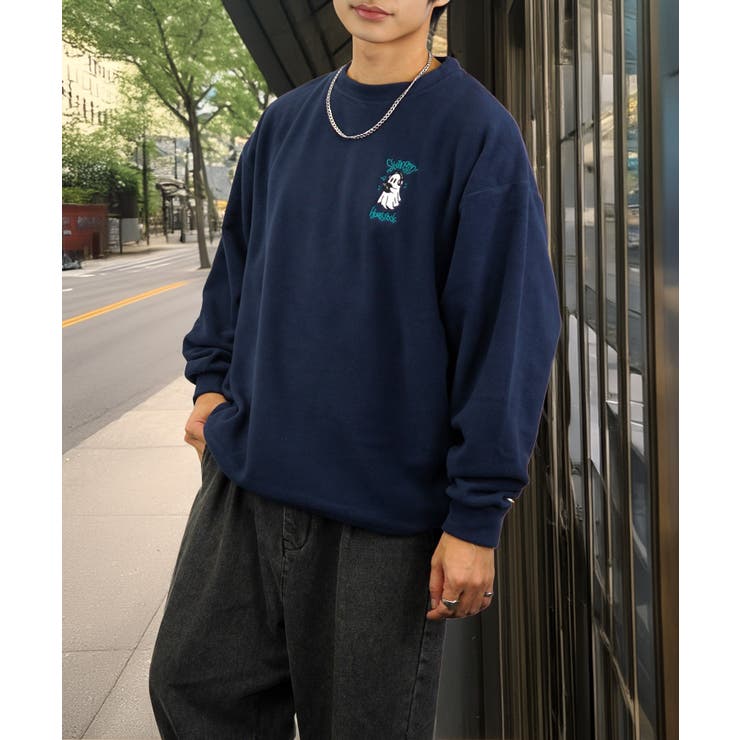 ワイド フリース 刺繍 トレーナー 裏起毛 ゴースト オバケ [品番