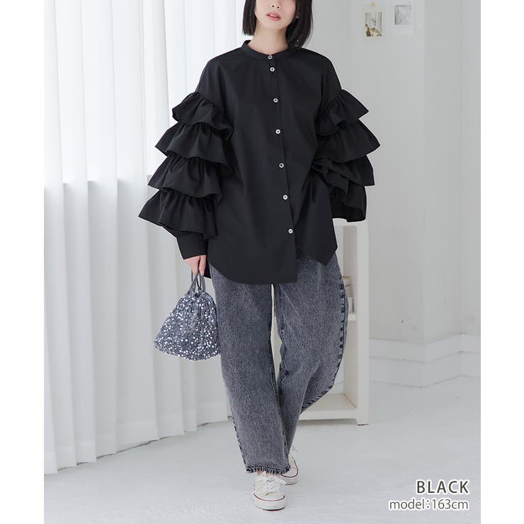 袖フリル ブラウス バンドカラー[品番：GW000004684]｜Growing Rich