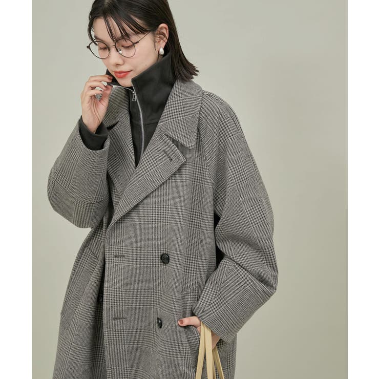 WEB限定カラー:ブラック】ラムライク/チェックオーバーPコート[品番