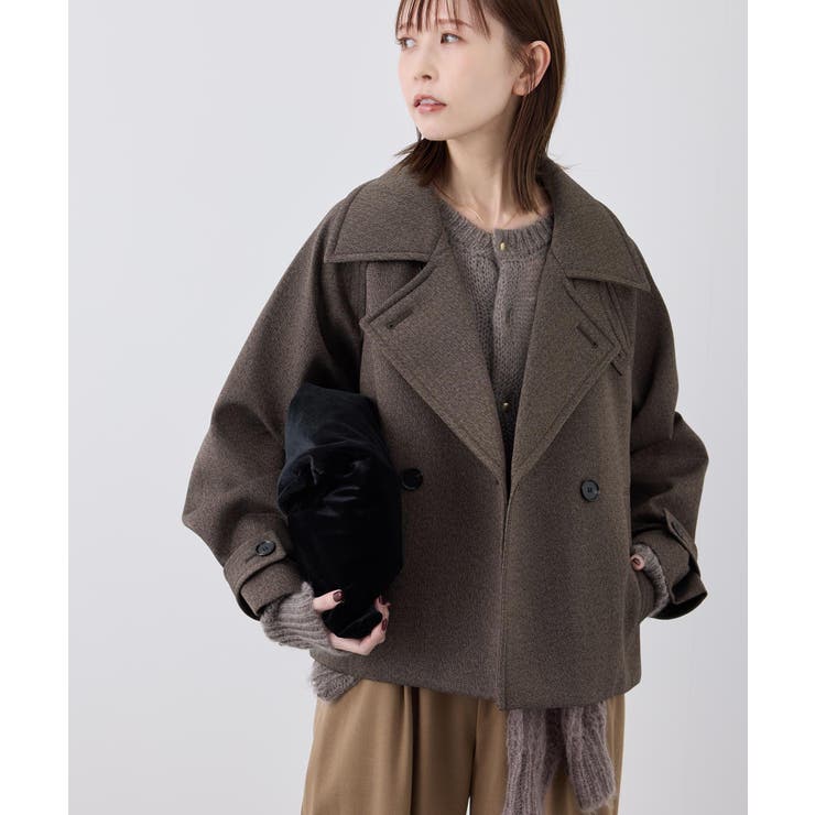 ヘリンボンボンディングスタンドカラーショートコート[品番