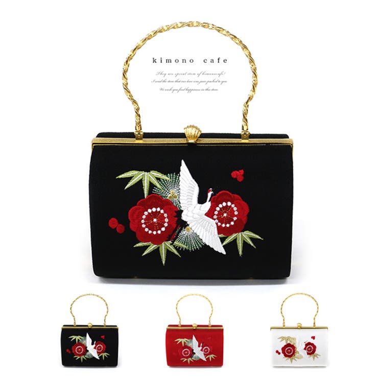 振袖用刺繍バッグ 鶴と松竹梅 縮緬 口金 成人式 豪華 レトロ 古典 6色