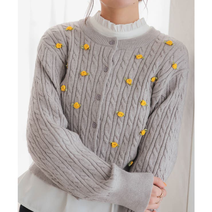フラワーモチーフケーブルニットカーディガン［N1142］[品番