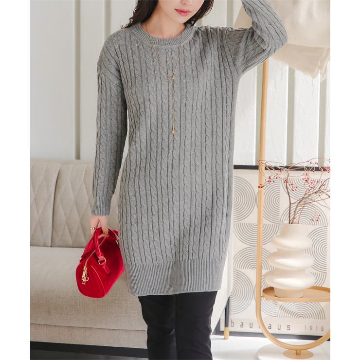 ケーブルニットワンピ ニットワンピース ミディ丈[品番：KO000010809