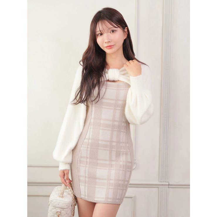 リボンフェザーアンサンブルニットワンピース[品番：LINW0002523