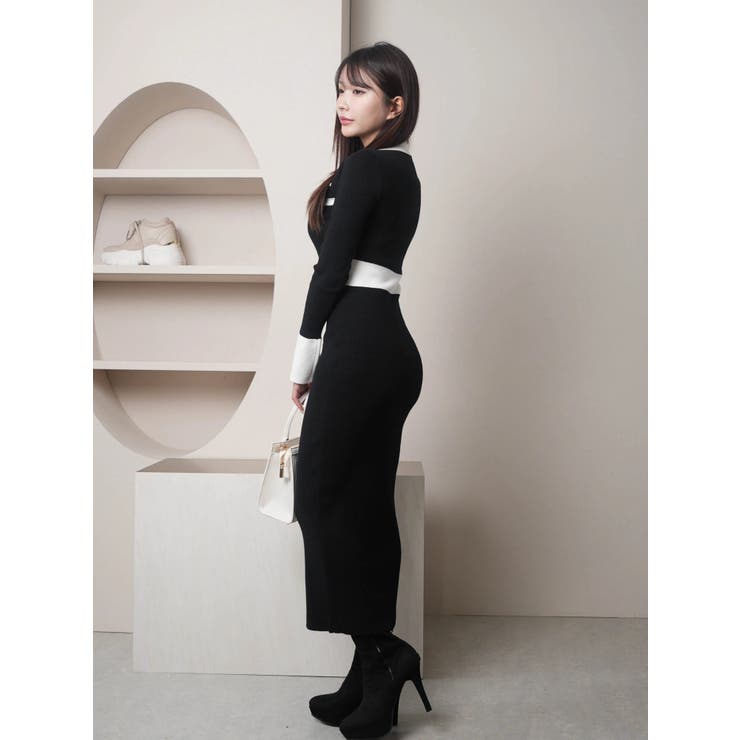 フロントZIPバイカラーニットワンピース[品番：LINW0002515