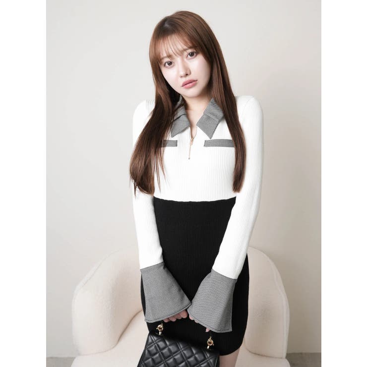 ダブルカラークラシカルニットワンピース[品番：LINW0002685