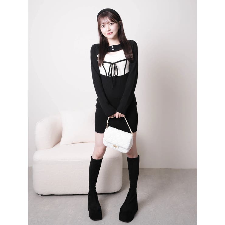 デコルテオープンバイカラーリボンニットワンピース[品番：LINW0002729