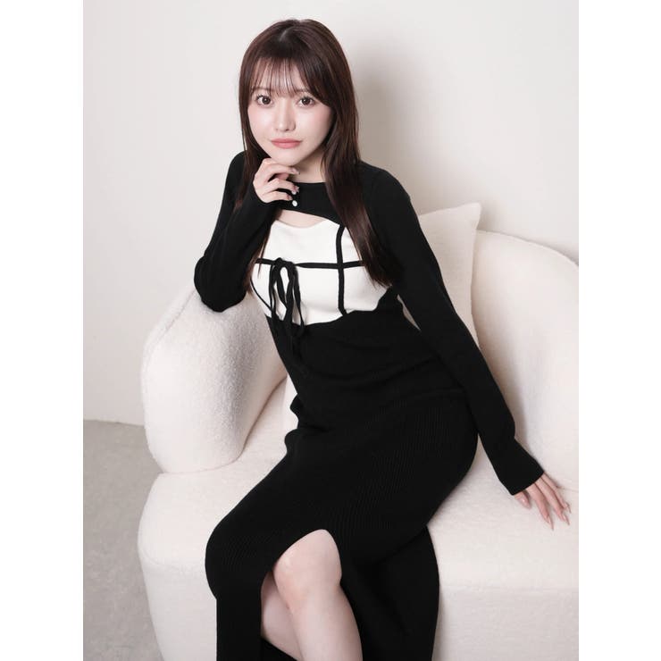 デコルテオープンバイカラーリボンニットワンピース[品番：LINW0002729