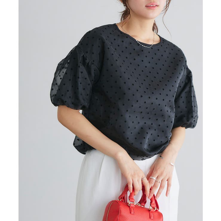 フロッキードット半袖ブラウス ブラウス ドット[品番：PRTW0004907