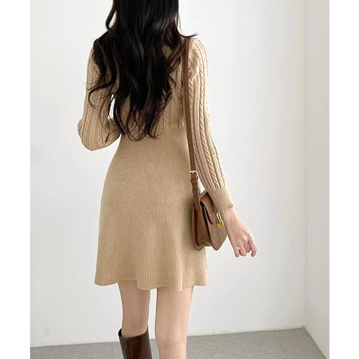 ケーブルニットワンピース ケーブル編み ミニワンピース[品番