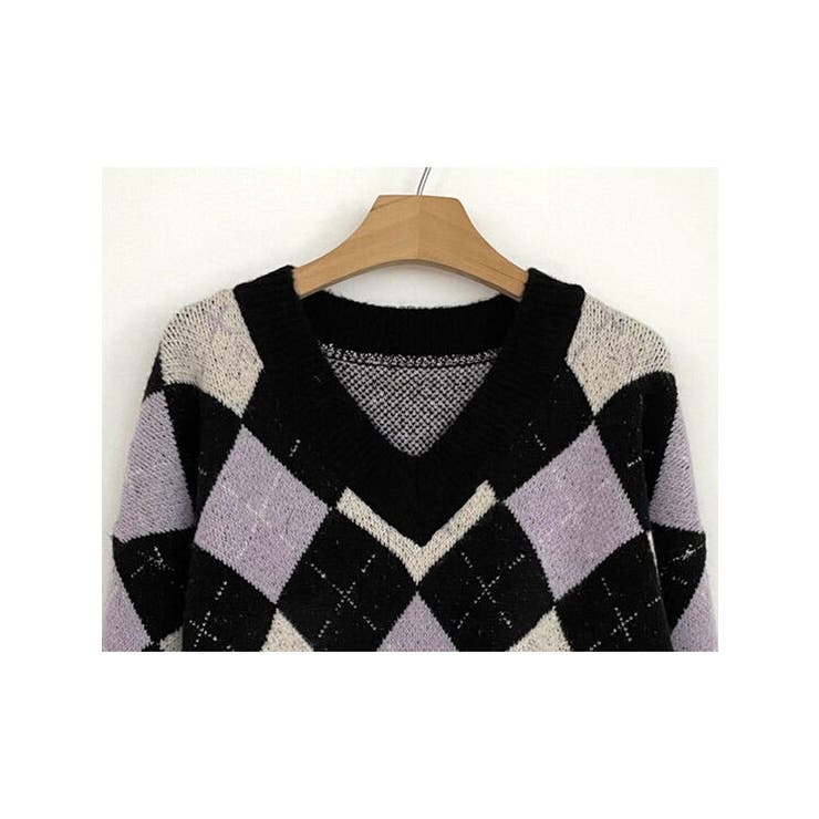 vネックニットセーター アーガイル柄 レディース[品番：KH000011743