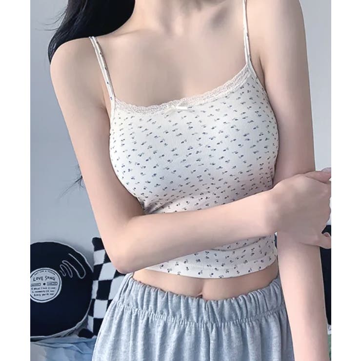 花柄夏リブブラトップ キャミソール クロップド丈[品番：KH000014636
