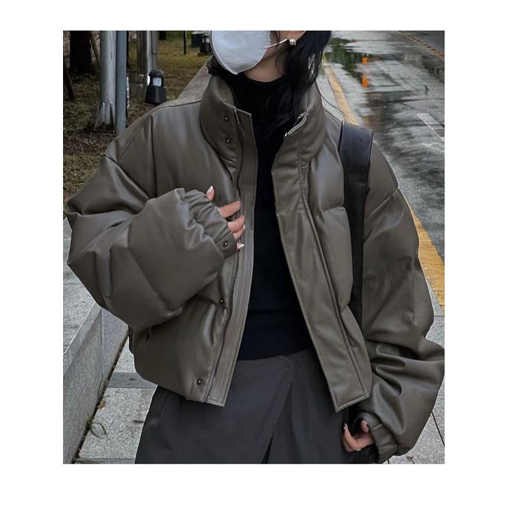 フェイクレザーダウンジャケットショート丈レディース 中綿アウター