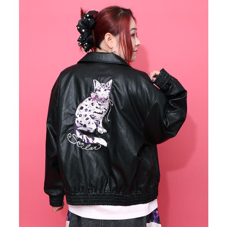ネコ刺繍フェイクレザー×裏地ブルゾン[品番：SRSW0002240]｜ScoLar
