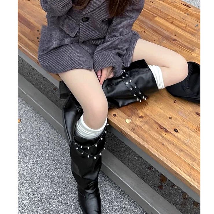 スタッズ付きダブルベルトカバーロングブーツ 秋 冬[品番：SHNW0011808