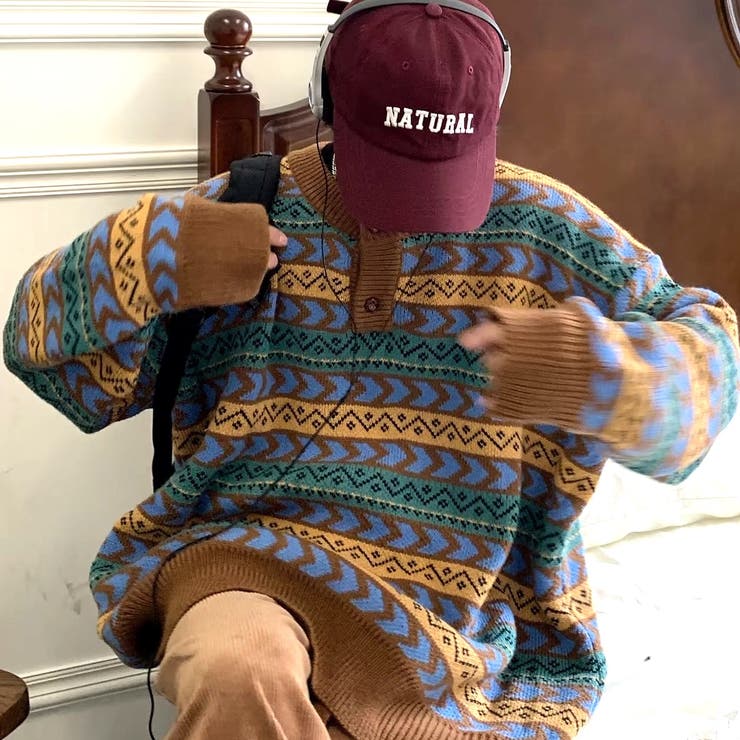 ノルディック柄ヘンリーネックオーバーサイズニット 秋 冬[品番