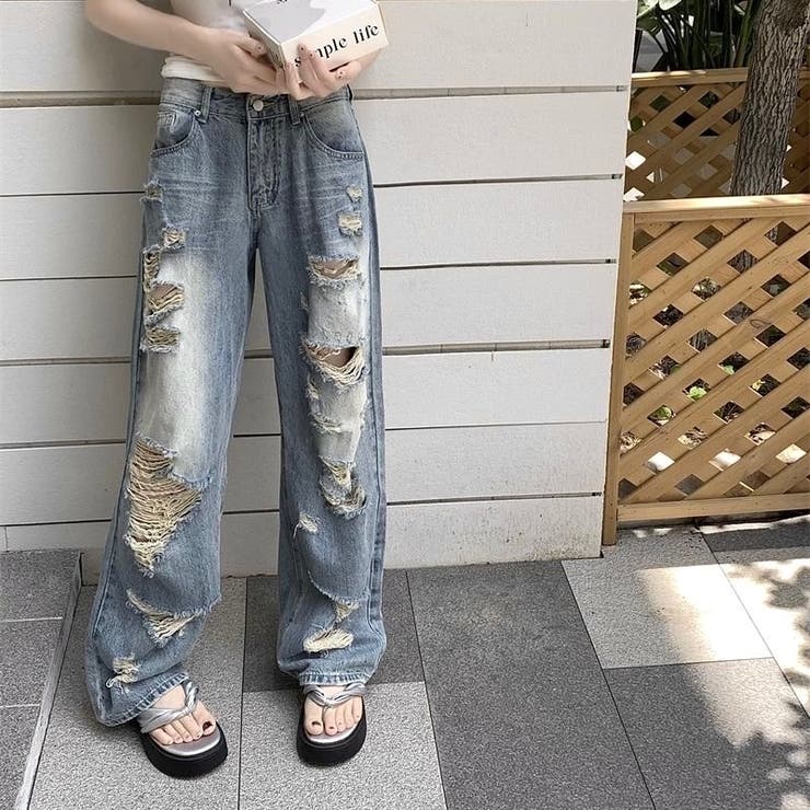クラッシュ加工ワイドデニムパンツ[品番：SHNW0010984]｜LADY LIKE