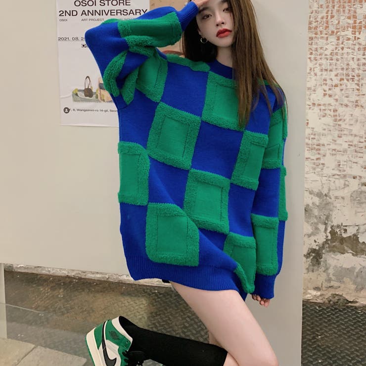 ブロックチェックニットプルオーバー 韓国ファッション オーバーサイズ