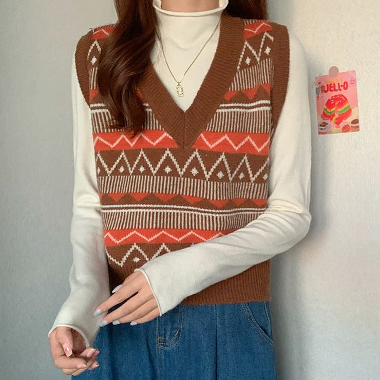 ベストVネック トップス ノルディック柄 韓国ファッション[品番