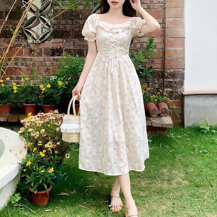 17366】レースアップフラワーロングワンピース [品番：ASHW0001488