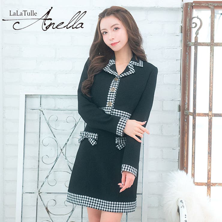 千鳥格子パイピング×リボンワンピースセットアップスーツ 韓国スーツ