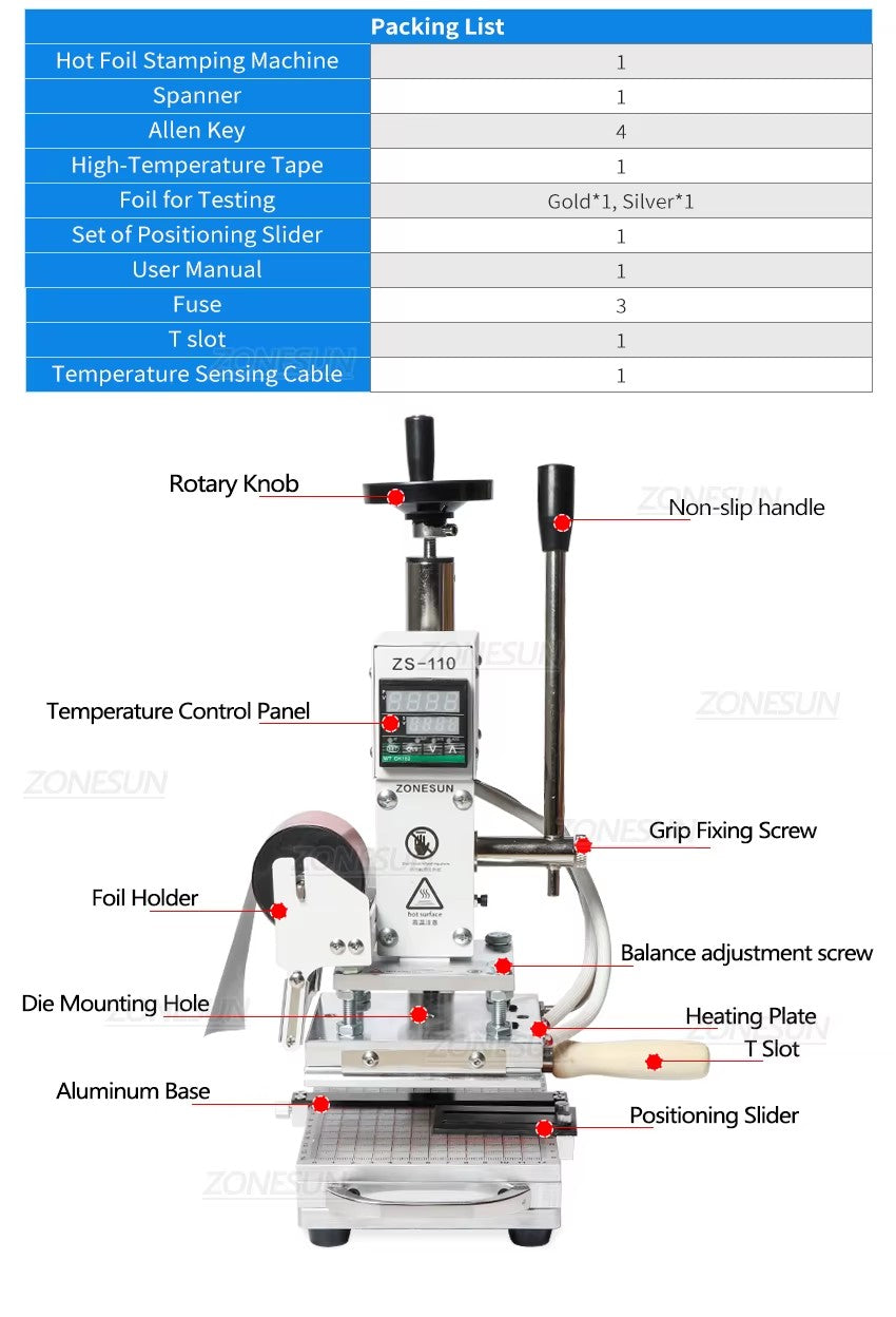 ZONESUN ZS-110 Hot Foil Stamping Machine with Slidable Workbench