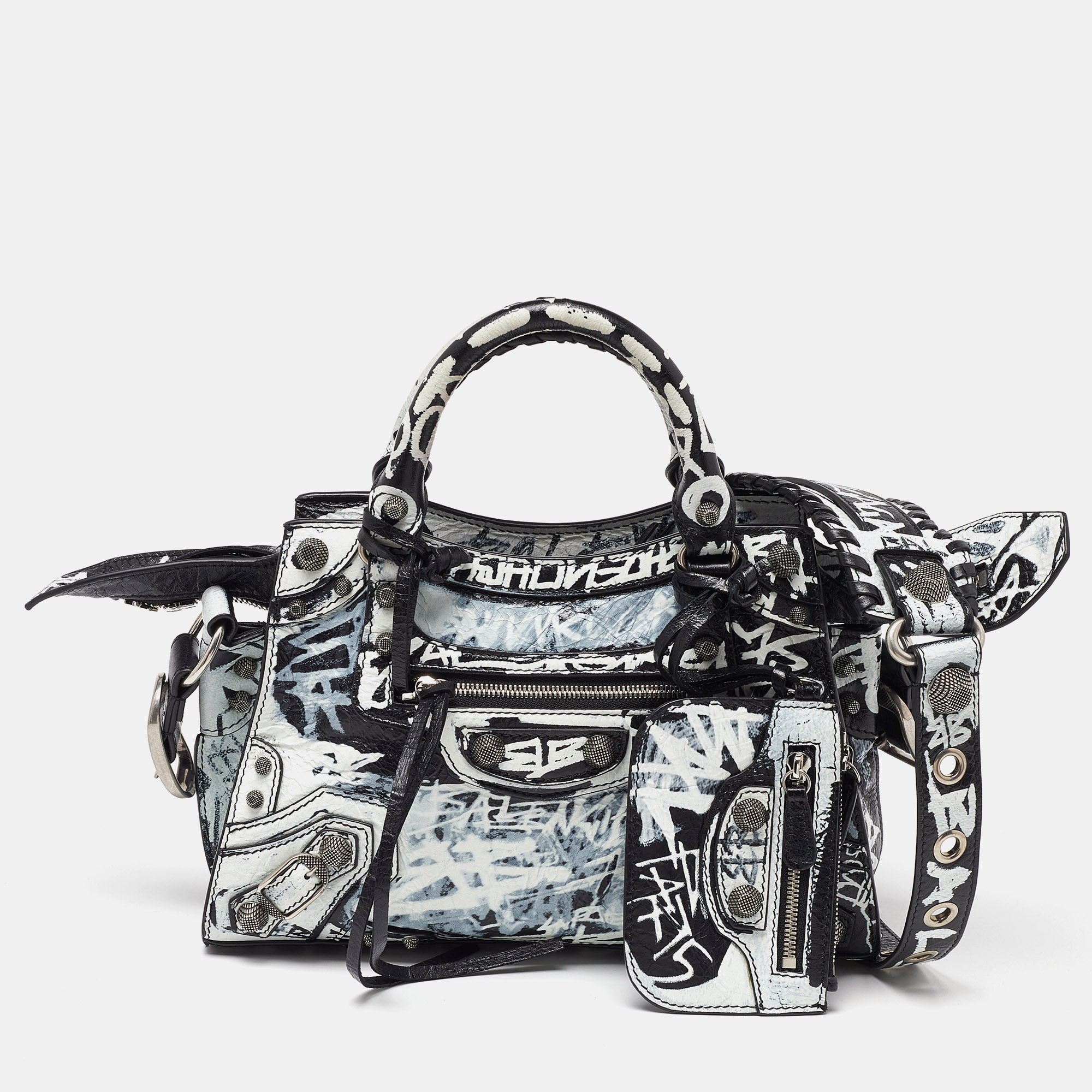 Balenciaga Black/White Graffiti Leather XS Neo Cagole City Bag