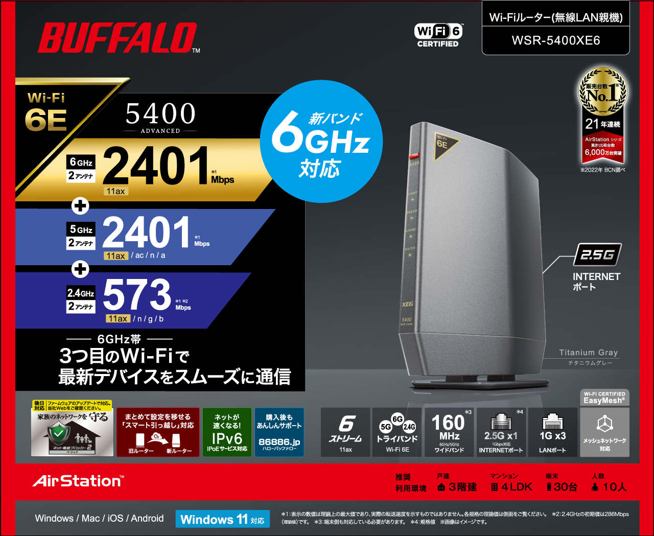 BUFFALO バッファロー AirStation WSR-5400XE6(チタニウムグレー