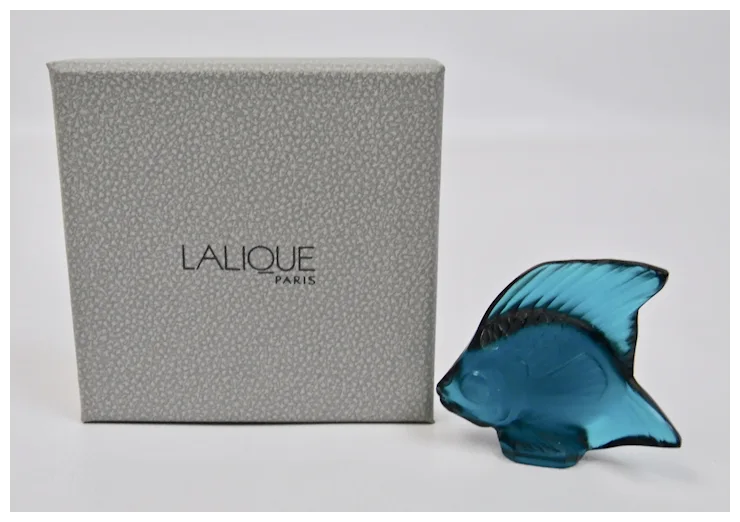 Lalique Glass Crystal Fish Teal Blue Signed France Original Box