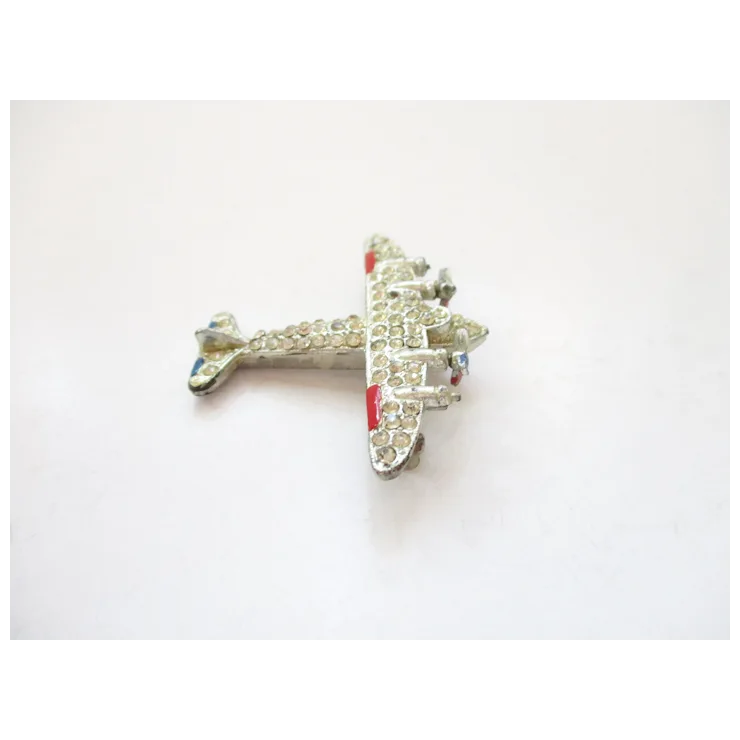 WWII Sweetheart Airplane Brooch Rhinestones Enamel Silver Pot