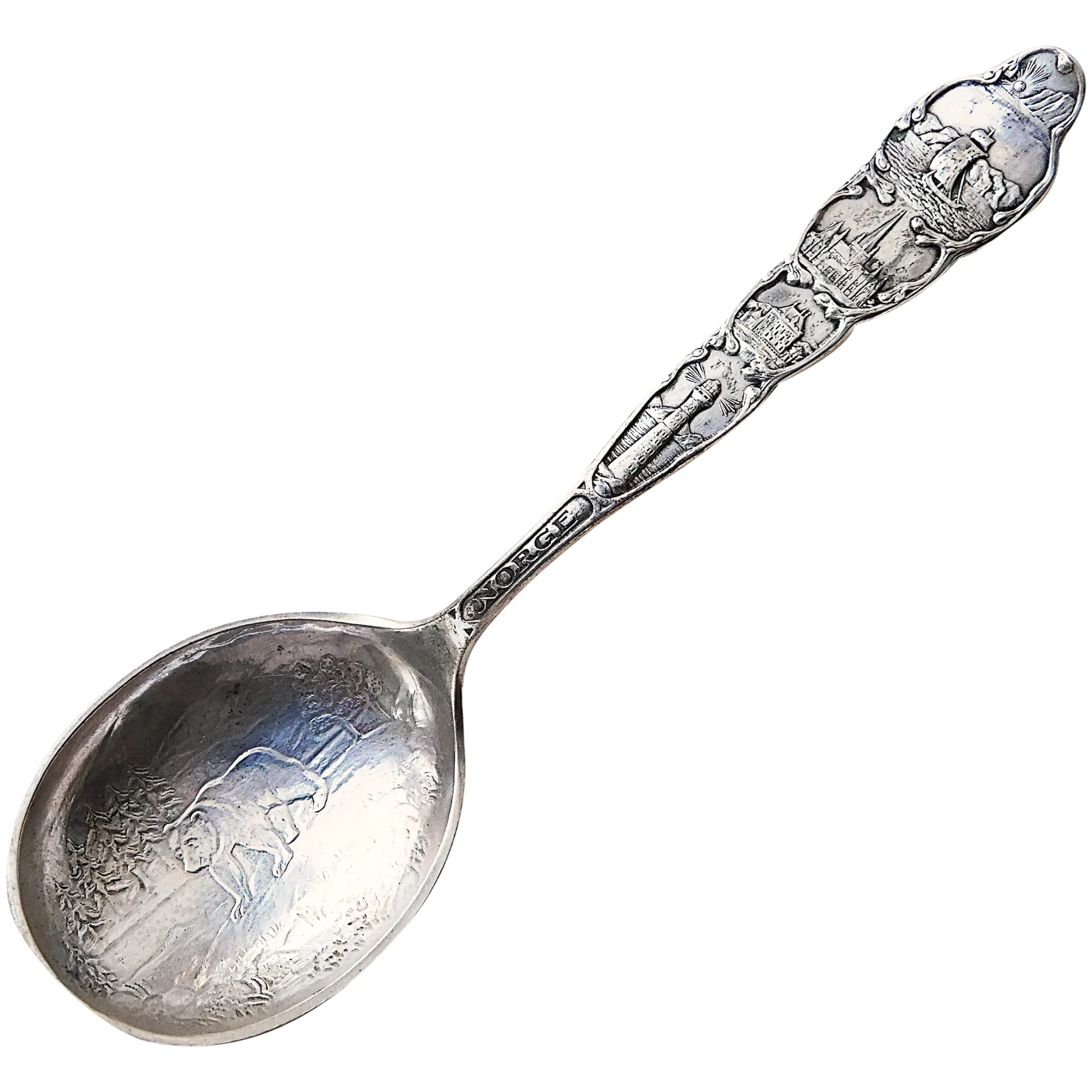 830 Silver NORWAY Norge Spoon with Bear Viking Ship Reindeer . For