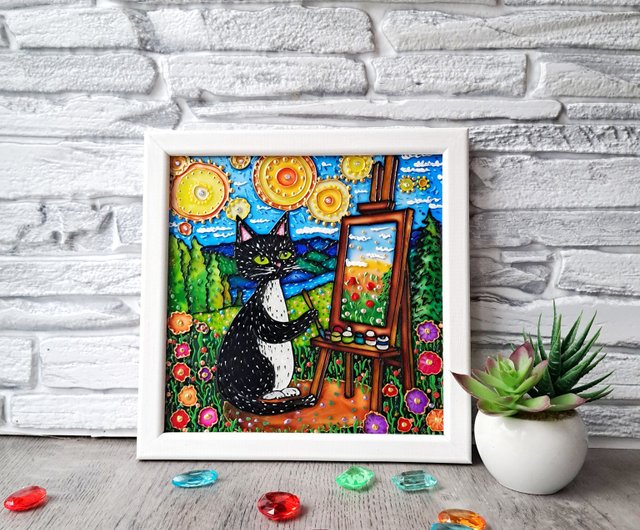 ベラルーシ オリジナル絵画黒猫アーティストイーゼル明るい風景星空
