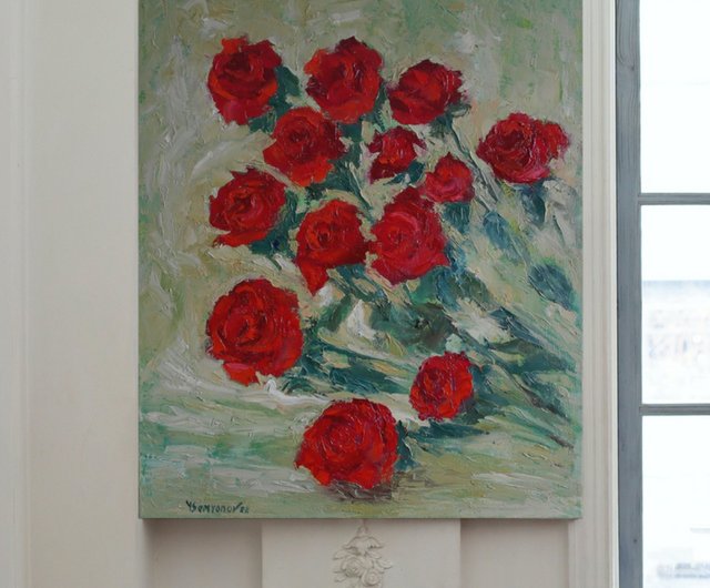 エストニア バラの花 オリジナル アート 油絵 壁の装飾 赤いバラ