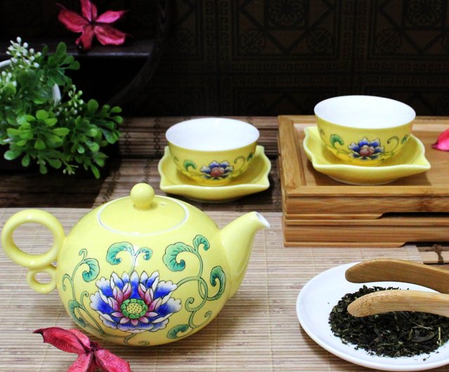 台湾 急須湯呑みセット-手書き黄色地番蓮茶器セット 国立故宮博物院