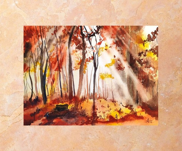 送料無料】ロシア 秋の森の風景画 オリジナル水彩画 19.5 x 27 cm