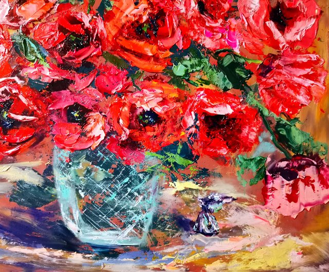 ロシア ポピー ガラス花瓶 キャンディ油絵 花の厚塗り オリジナル