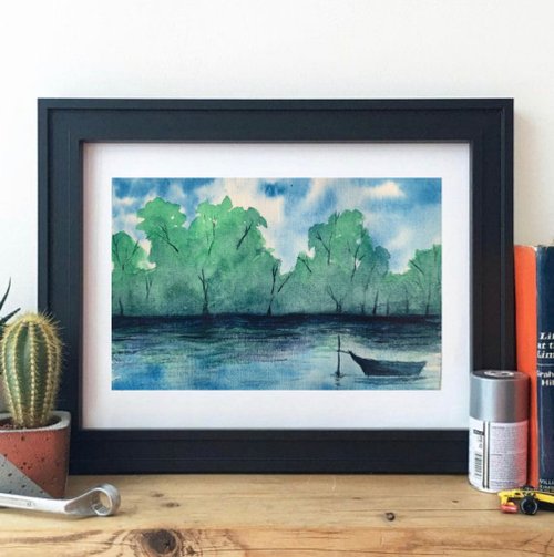 水彩画 風景 ボートと湖 モノトーン 水彩画 風景 ボートと湖