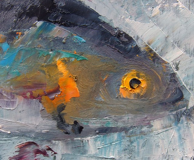 ラトビア マグロの魚のカラフルな厚塗り油絵 - オリジナルの手作り 6x8