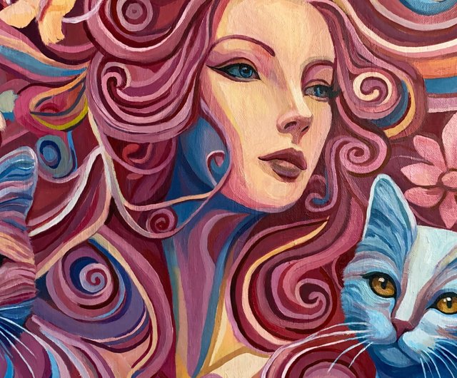 ロシア ピンクの夢の世界、オリジナル油絵、女の子、動物、猫 ArtLizzi