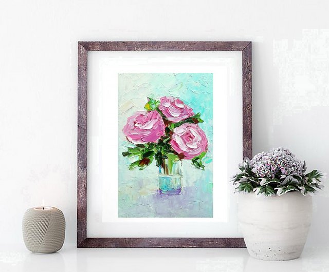 10%OFF】ロシア ピンクのバラの花束のオリジナル絵画、花のアート