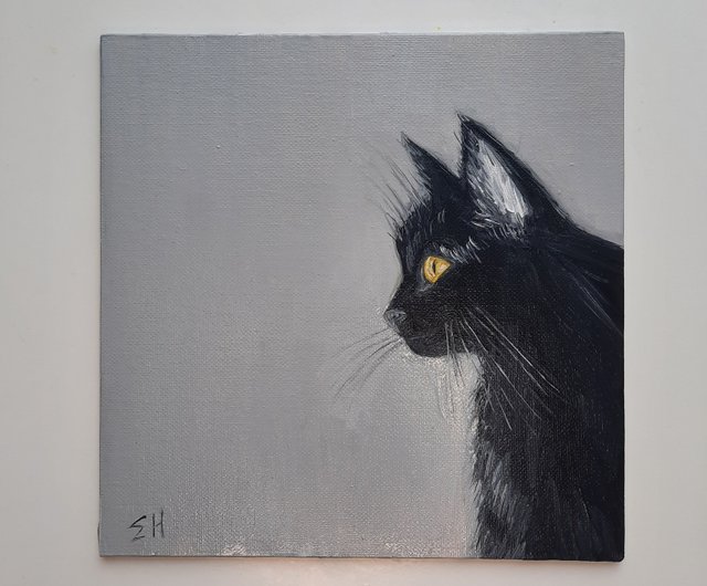 送料無料】ロシア 黒猫の油絵 ペットの肖像画の油絵 猫のオリジナル