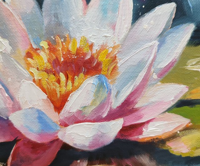 ロシア 蓮 オイルペインティング 蓮 原画 ピンクの花 アートワーク