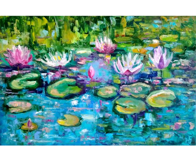 10%OFF】ロシア 睡蓮絵画オリジナルアート、モネの池風景画、花の壁
