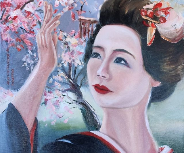 ウクライナ 日本人女性と桜 オリジナルの絵 自然が咲き誇る優しい風景