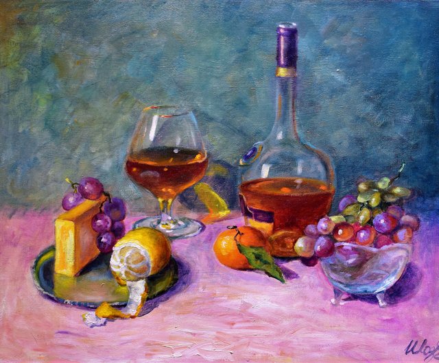 ロシア フルーツ 静物画 オリジナルアート ウイスキーグラス 赤ブドウ
